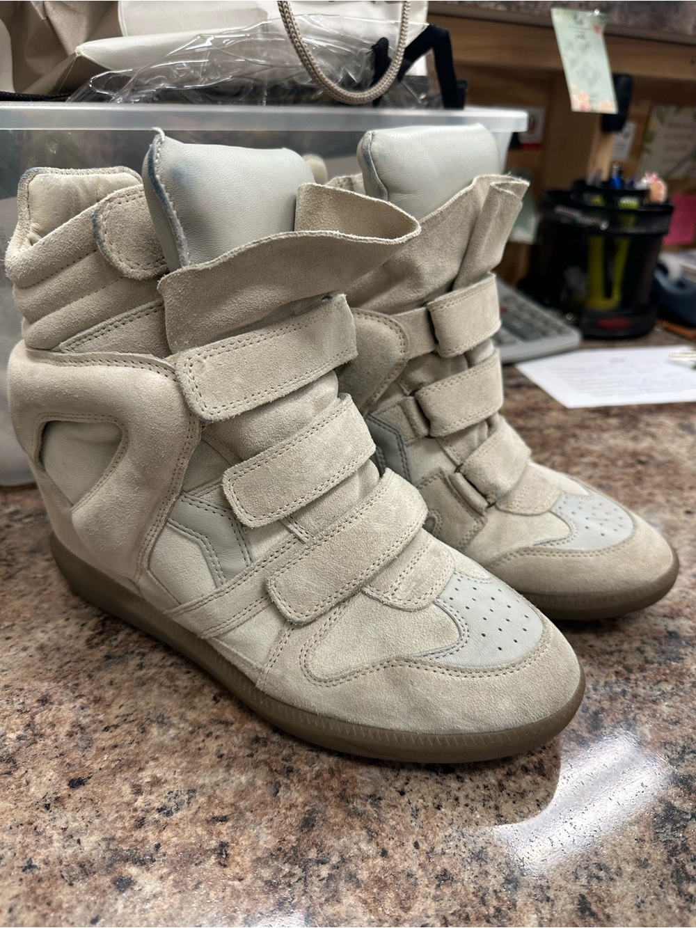 Isabel Marant Beige Suede Velcro Wedge Sneakers